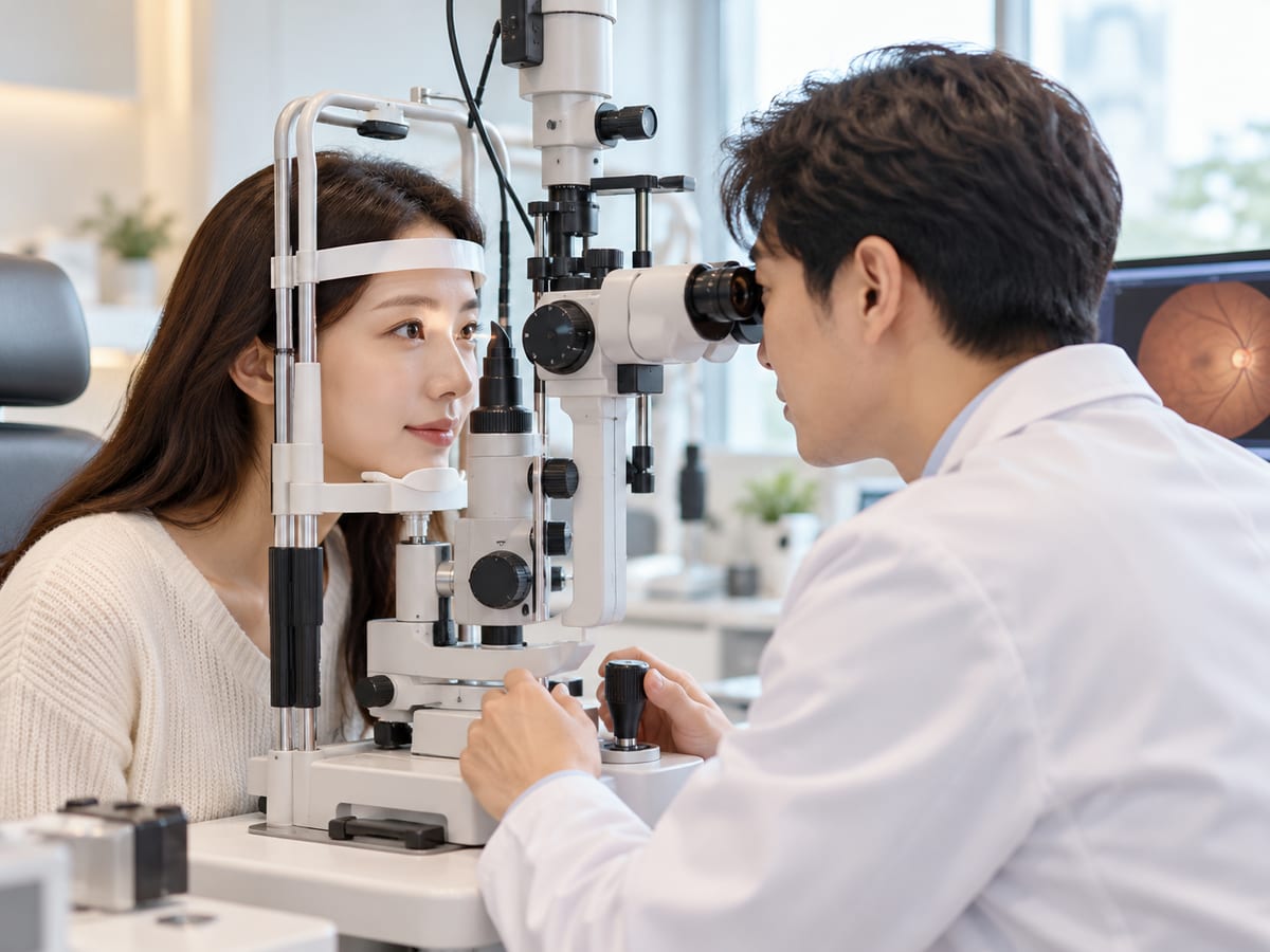 정기 안과 검진 — 세극등 현미경으로 눈을 검사받는 모습
