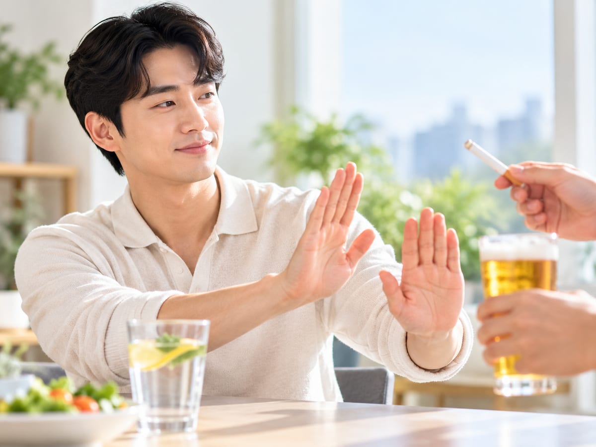 금연과 절주 — 권하는 담배와 술을 손으로 사양하는 모습