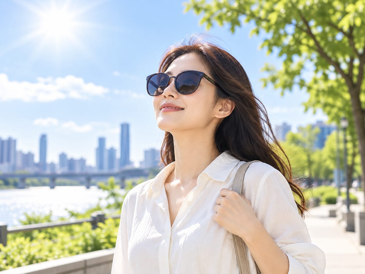 외출 시 자외선 차단 — 햇빛 아래 선글라스를 쓴 모습