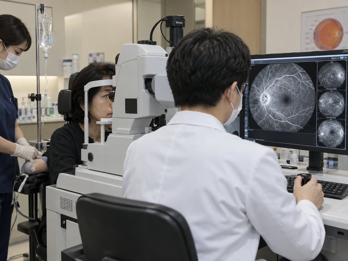 간호사가 환자의 팔에 조영제를 주입하는 동안 안저 카메라로 촬영하고, 모니터에 흑백 혈관조영 영상이 떠 있습니다.