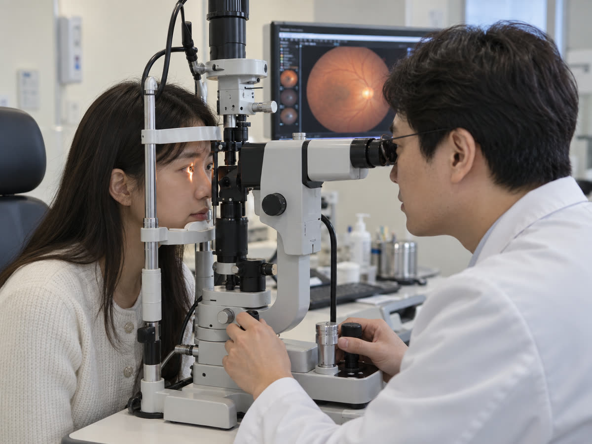 세극등 현미경 앞에 앉은 환자의 눈에 가는 빛을 비추며 의료진이 눈 속을 살피고 있습니다.