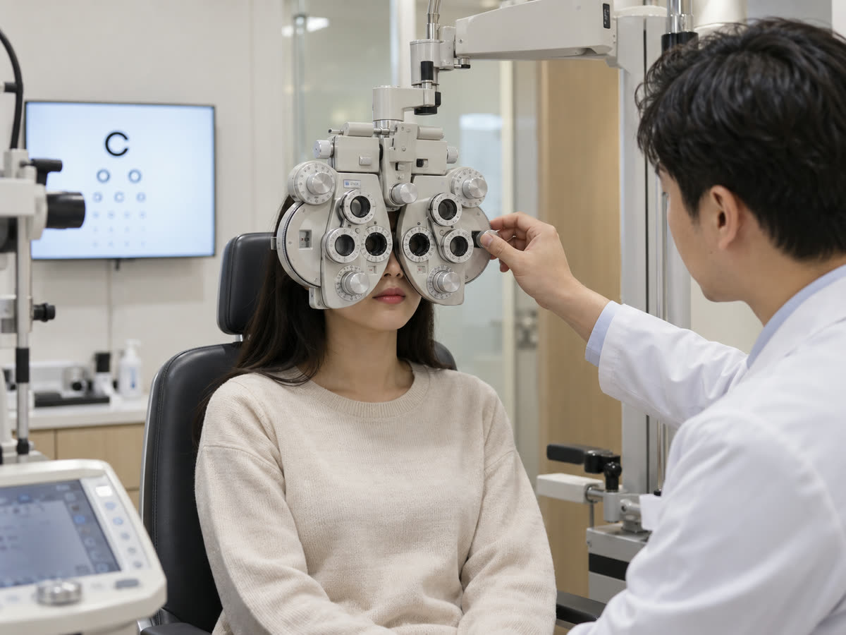 포롭터를 들여다보는 환자의 렌즈 도수를 의료진이 바꿔 가며 시력을 재고 있습니다.