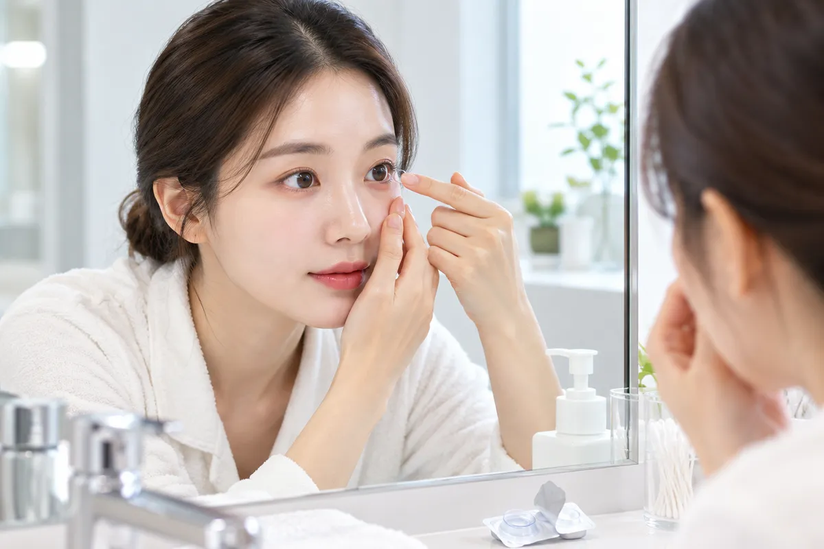욕실 거울 앞에서 1일용 렌즈 포장을 옆에 두고 소프트렌즈를 끼는 모습