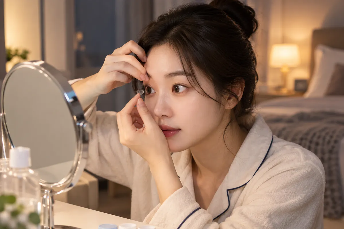 잠들기 전 침실 거울 앞에서 렌즈를 빼는 모습