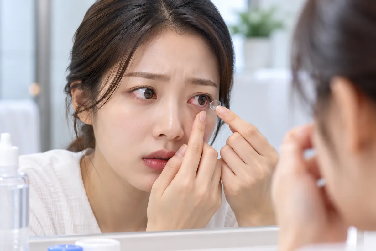 눈이 충혈되어 불편한 표정으로 거울 앞에서 렌즈를 빼는 모습