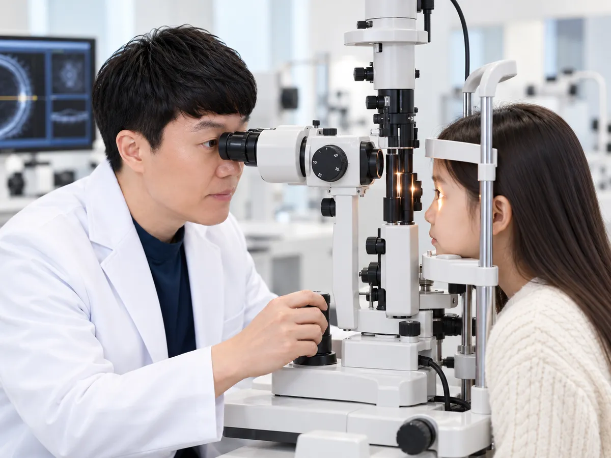 의료진이 세극등 현미경으로 렌즈를 낀 아이의 눈을 살피고 있습니다.