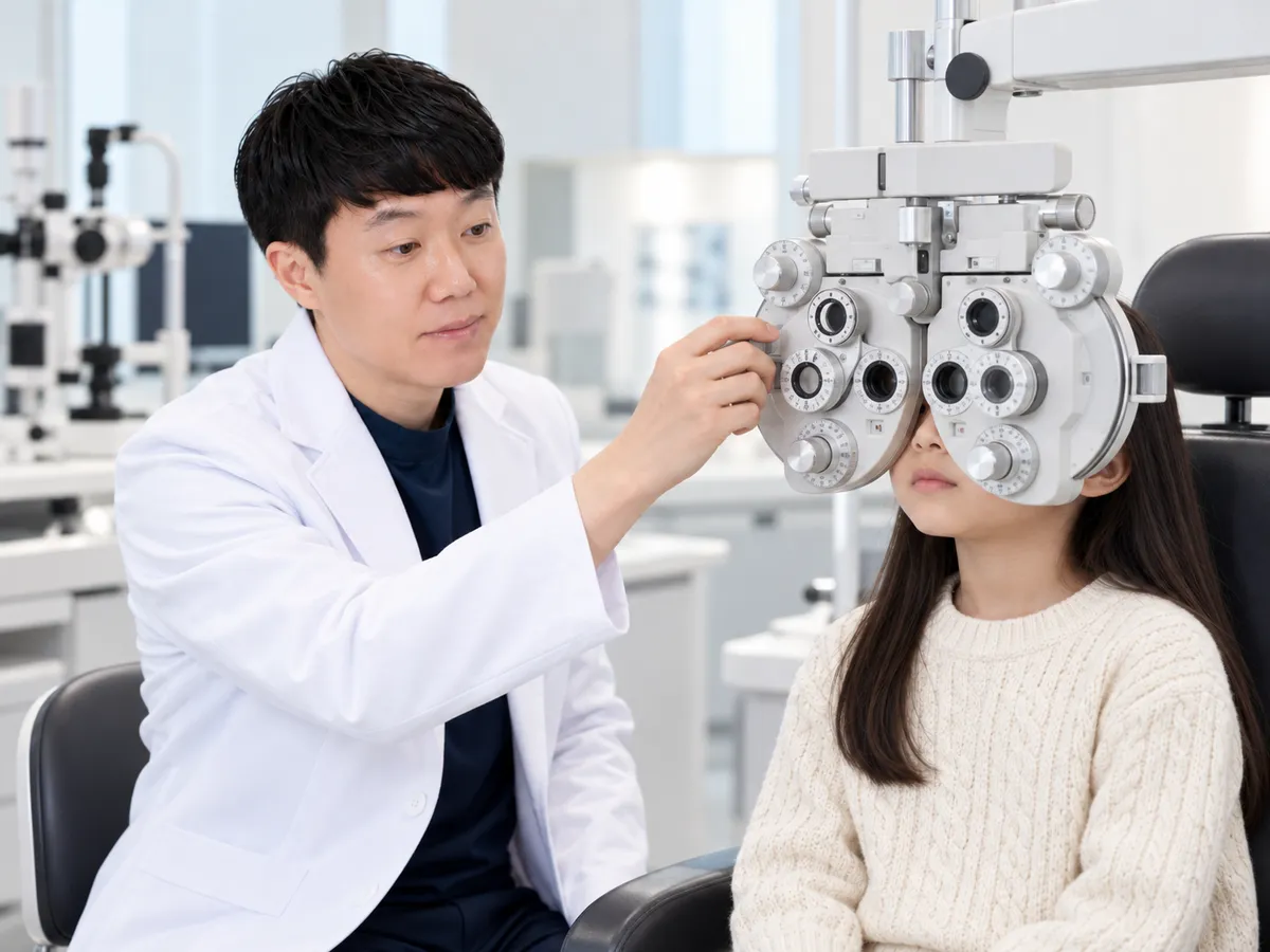 의료진이 포롭터 렌즈를 바꿔 가며 아이의 굴절 도수를 재고 있습니다.