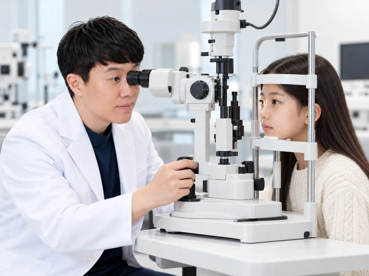 의료진이 세극등 현미경으로 아이의 각막과 눈물막 상태를 들여다보고 있습니다.