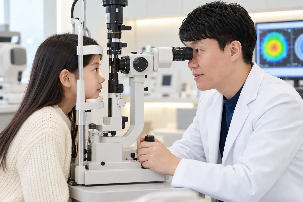 의료진이 세극등 현미경으로 아이의 각막을 살피는 정기 검진 장면