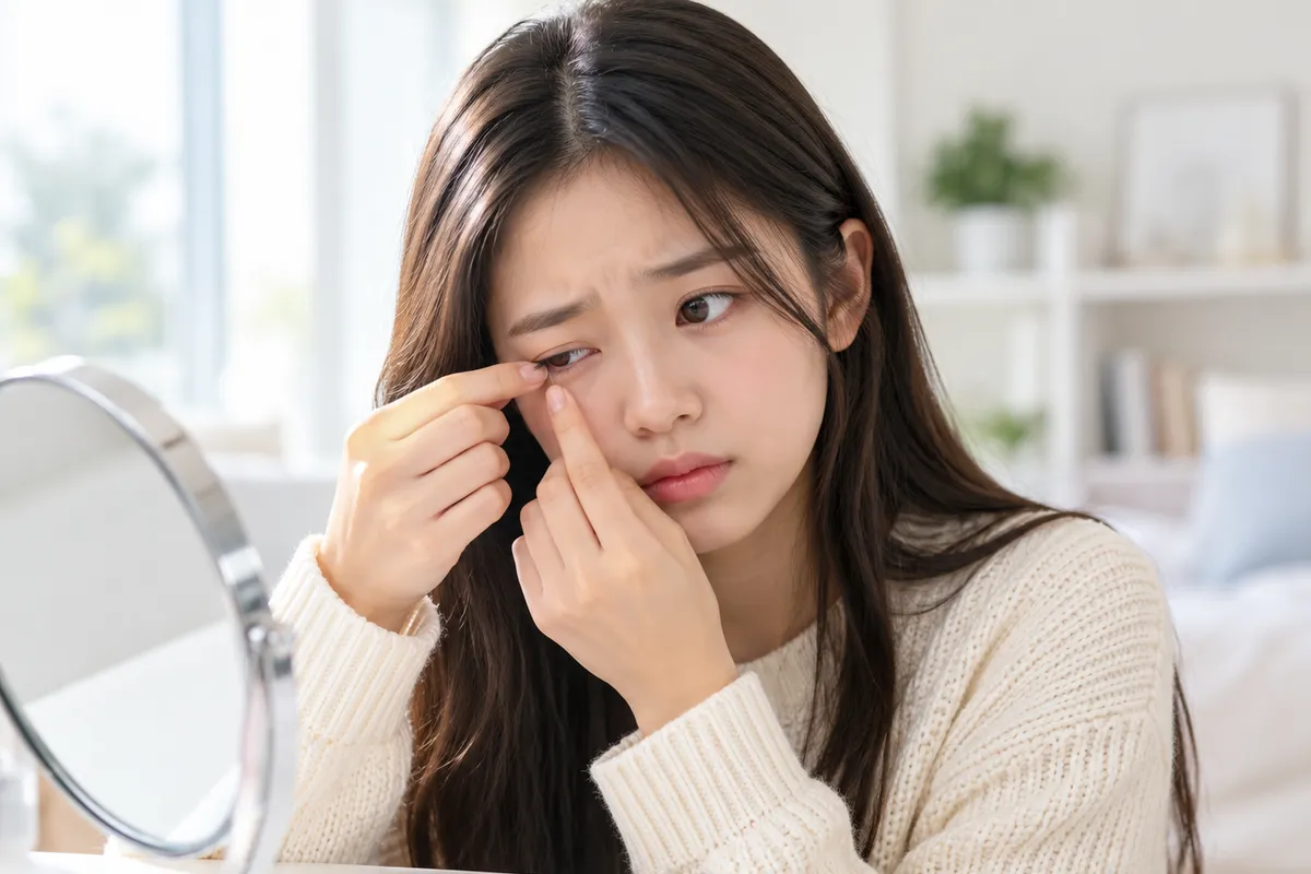 눈이 불편한 표정으로 거울 앞에서 렌즈를 빼는 모습