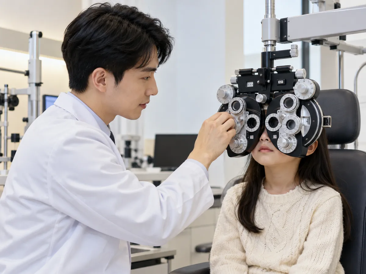 의료진이 포롭터 렌즈를 바꿔 가며 아이의 굴절 도수를 재고 있습니다.