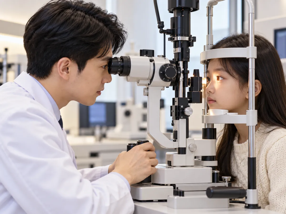 의료진이 세극등 현미경으로 아이의 각막과 눈물막 상태를 들여다보고 있습니다.