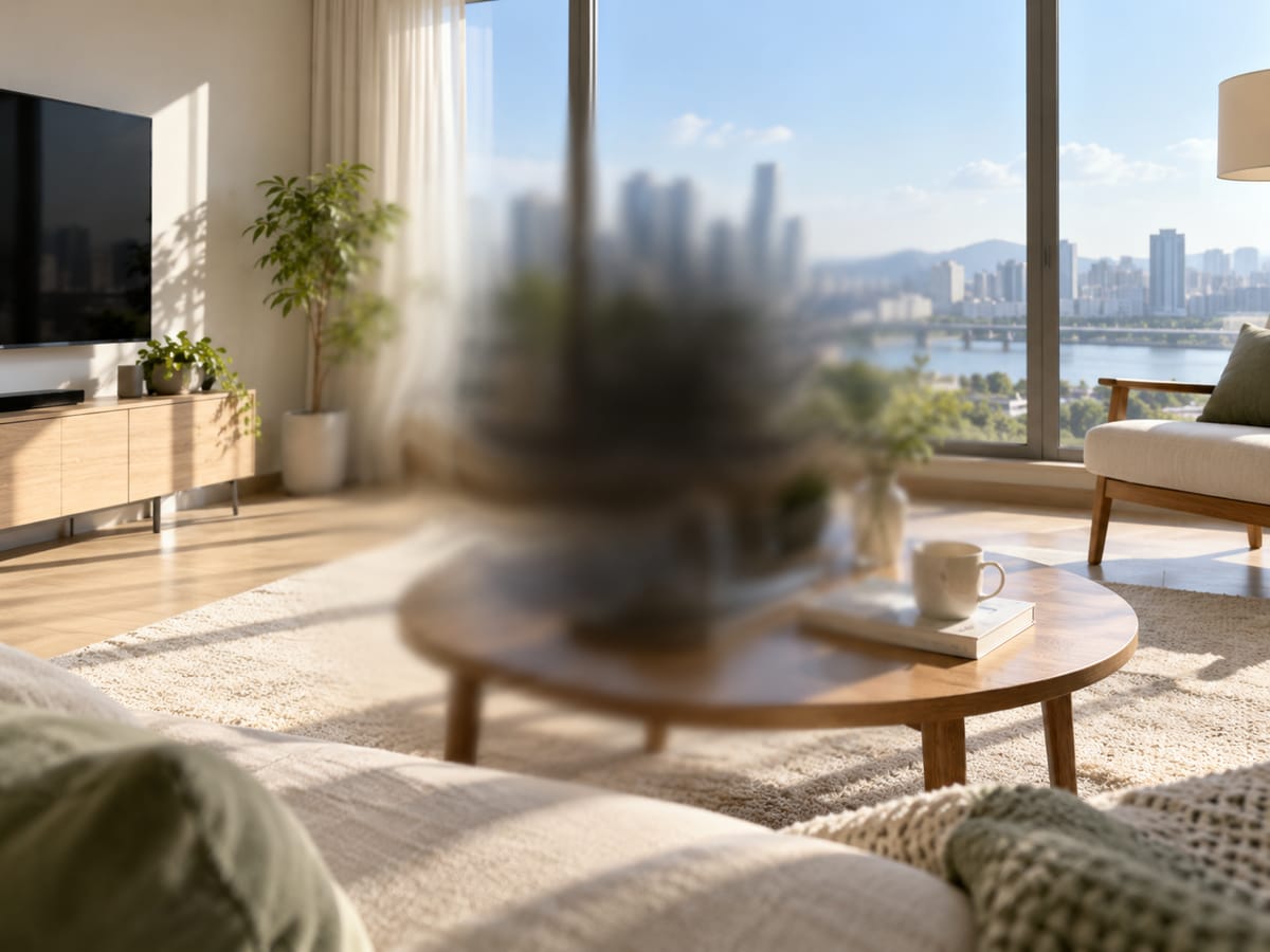 황반변성 증상 — 가운데가 흐리게 가려진 거실 풍경