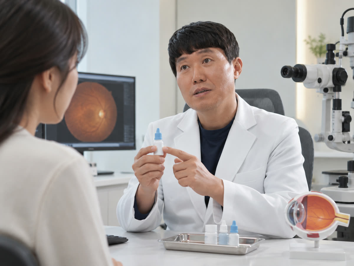 진료실에서 이민호 대표원장이 점안약 병을 들고 환자에게 사용법을 설명하고 있습니다.