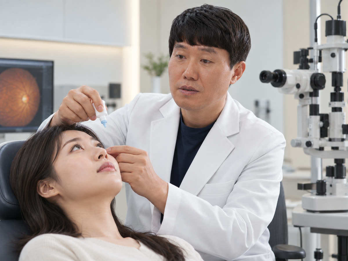 진료 의자에 기댄 환자의 눈에 이민호 대표원장이 점안약을 넣고 있습니다.