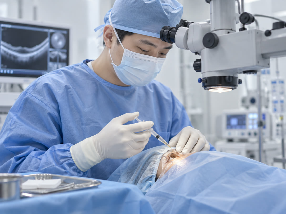수술실에서 의료진이 수술 현미경 아래 환자의 눈에 주사를 놓고 있고, 옆 모니터에 망막 단층 영상이 떠 있습니다.