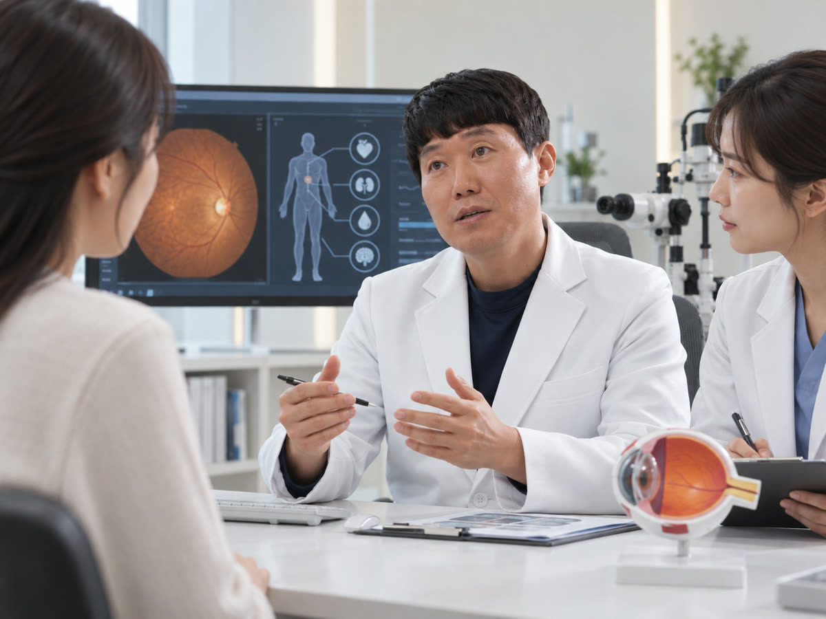 모니터에 안저 사진과 전신 질환 연관 도표를 띄워 놓고 의료진 두 명이 환자와 마주 앉아 상담하고 있습니다.