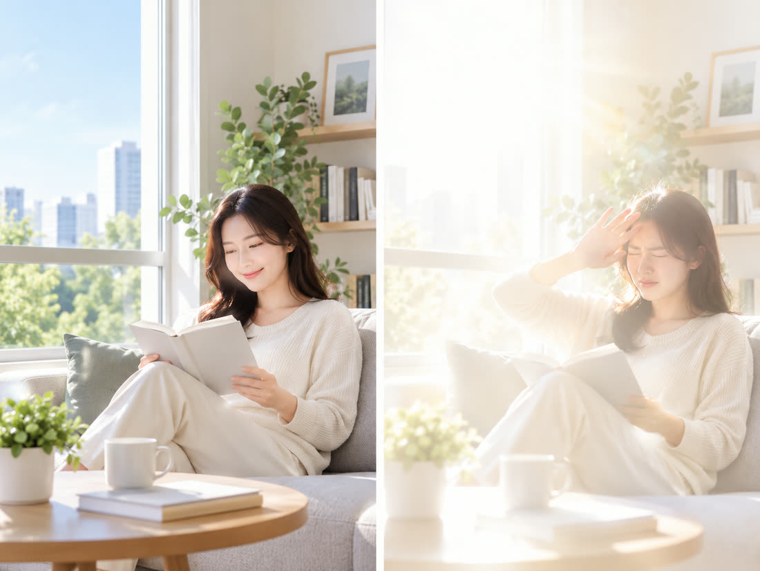 창가에서 책을 읽는 모습을 비교한 연출 이미지. 왼쪽은 편안하게 읽고 있고, 오른쪽은 같은 햇빛에 눈을 찡그리며 손으로 빛을 가리고 있습니다.
